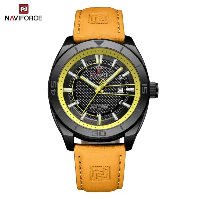 NAVIFORCE NF9209 Original Business Men's Watches Waterproof Casual Sports Military Leather Wristwatch  Man Quartz Calendar Clock - OrangeBlack Yellow